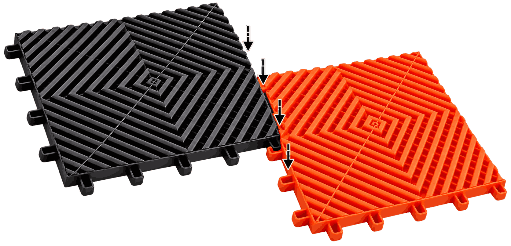 Macro do sistema de encaixe entre uma placa preta e uma placa laranja de piso modular